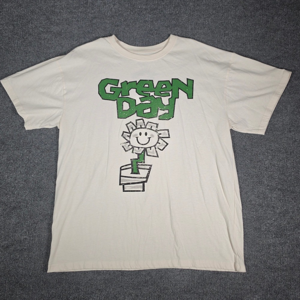 Green Day Graphic T-Shirt Mens SM/MD Cream Green Flower Pot Band Tee Mad Engine